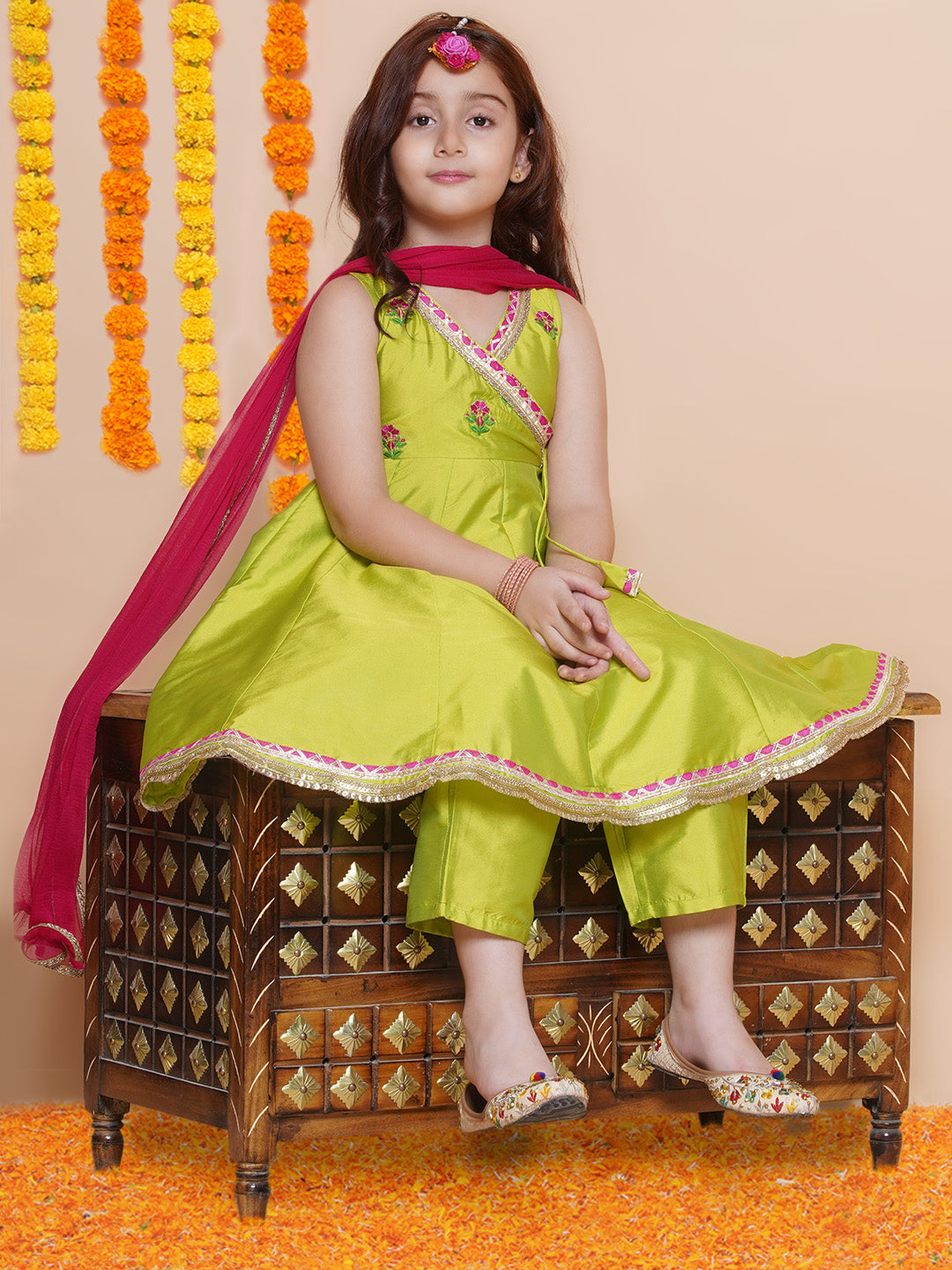 Silk blend Woven Three-Quarter Sleeves Embroidered A Line Kurta And Palazzo With Dupatta Set - Green