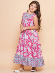 Cotton Blend Woven Sleeveless Flower Print Flared Frock - Pink