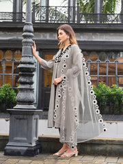 Steel Grey color silk blend thread & sequence work on neck A line kurta & trouser with dupatta set 