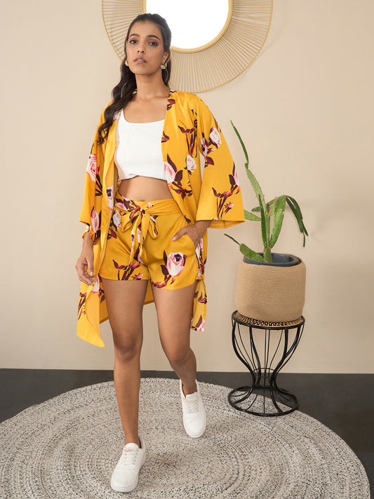 Women's Yellow Printed Shrug & Shorts Co-Ord Set