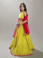 Girls Lime Green & Pink with Embroidered Ready to Wear Lehenga & Choli with Dupatta