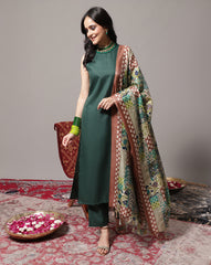 Women  Green Halter Neck Solid Straight  Kurta Paired With Tonal Bottom And Printed Bhagalpuri Dupatta