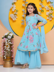 Girls Blue Floral Printed Kurta with Sharara With dupatta