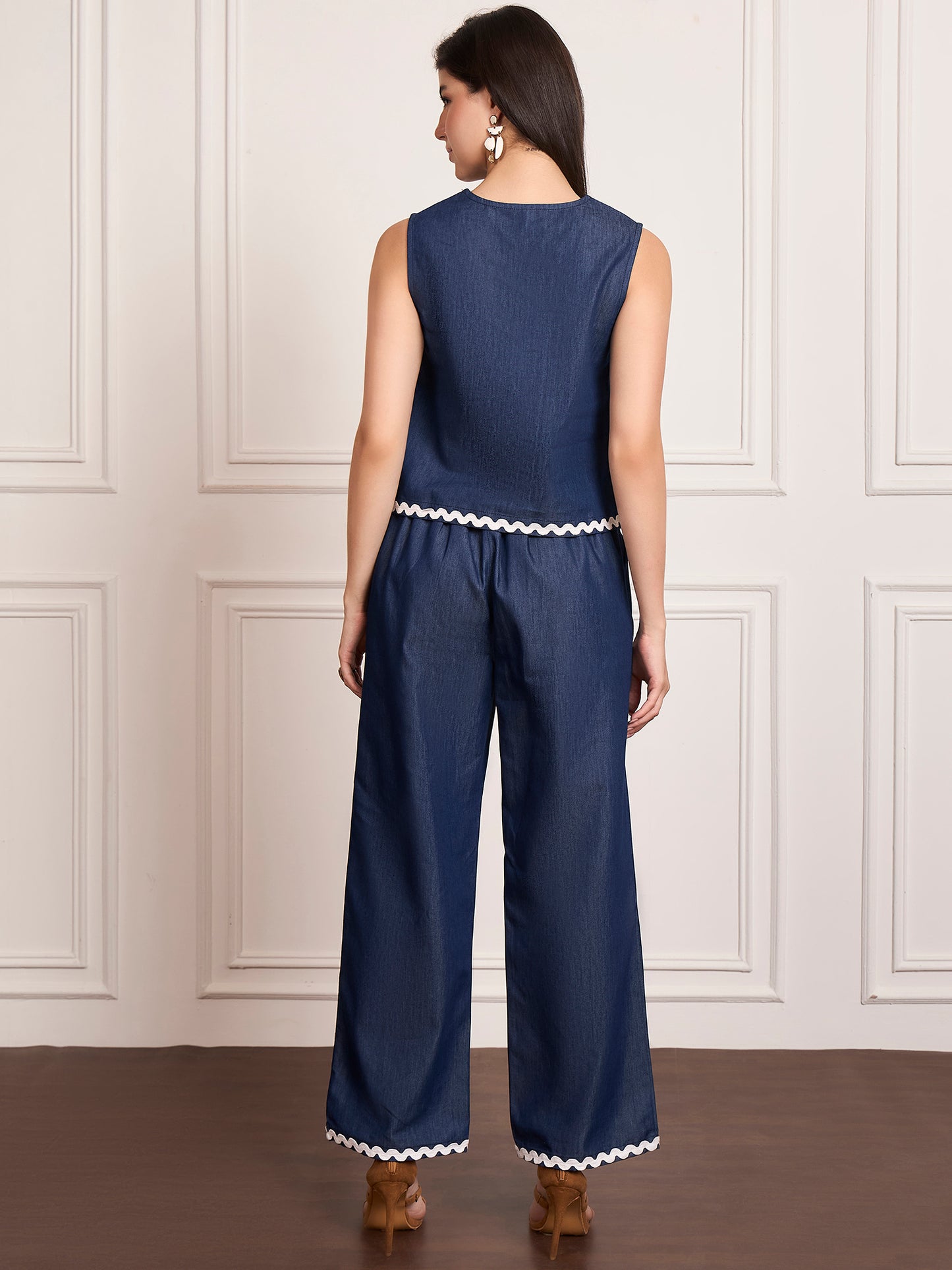StyleStone Women's Denim Top & Pant Set with Ric Rac Lace detail