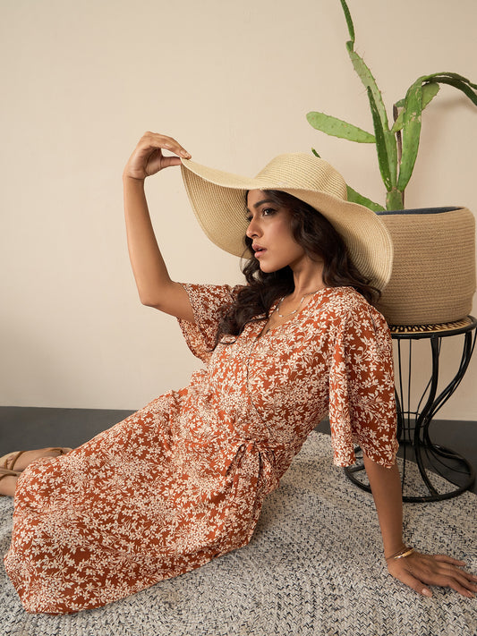 Women's Brown Floral Polyester Floral Wrap Dress