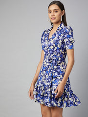 Women's Blue Overlap Floral Polyester Dress
