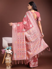 Elegant Olive Green Linen Cotton Saree with Zari Border & Woven Motifs – Perfect for Sophisticated Everyday & Festive Looks
