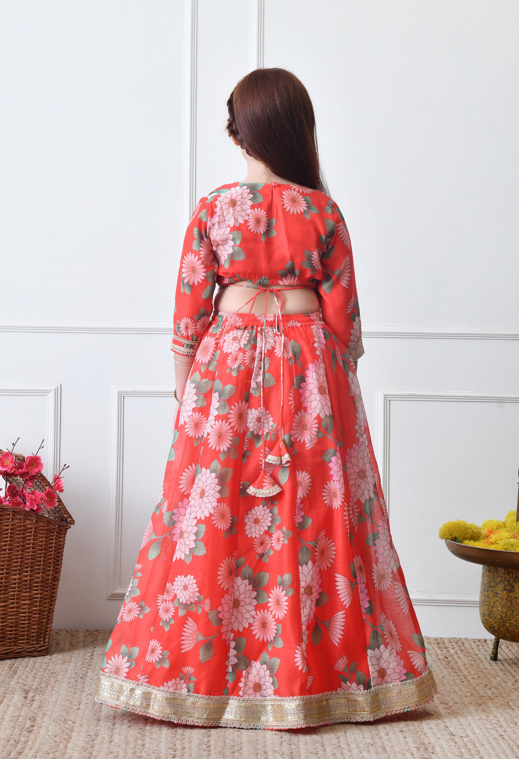 Girls Red Floral Printed Lehenga Choli Set with Net Dupatta