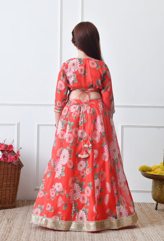 Girls Red Floral Printed Lehenga Choli Set with Net Dupatta