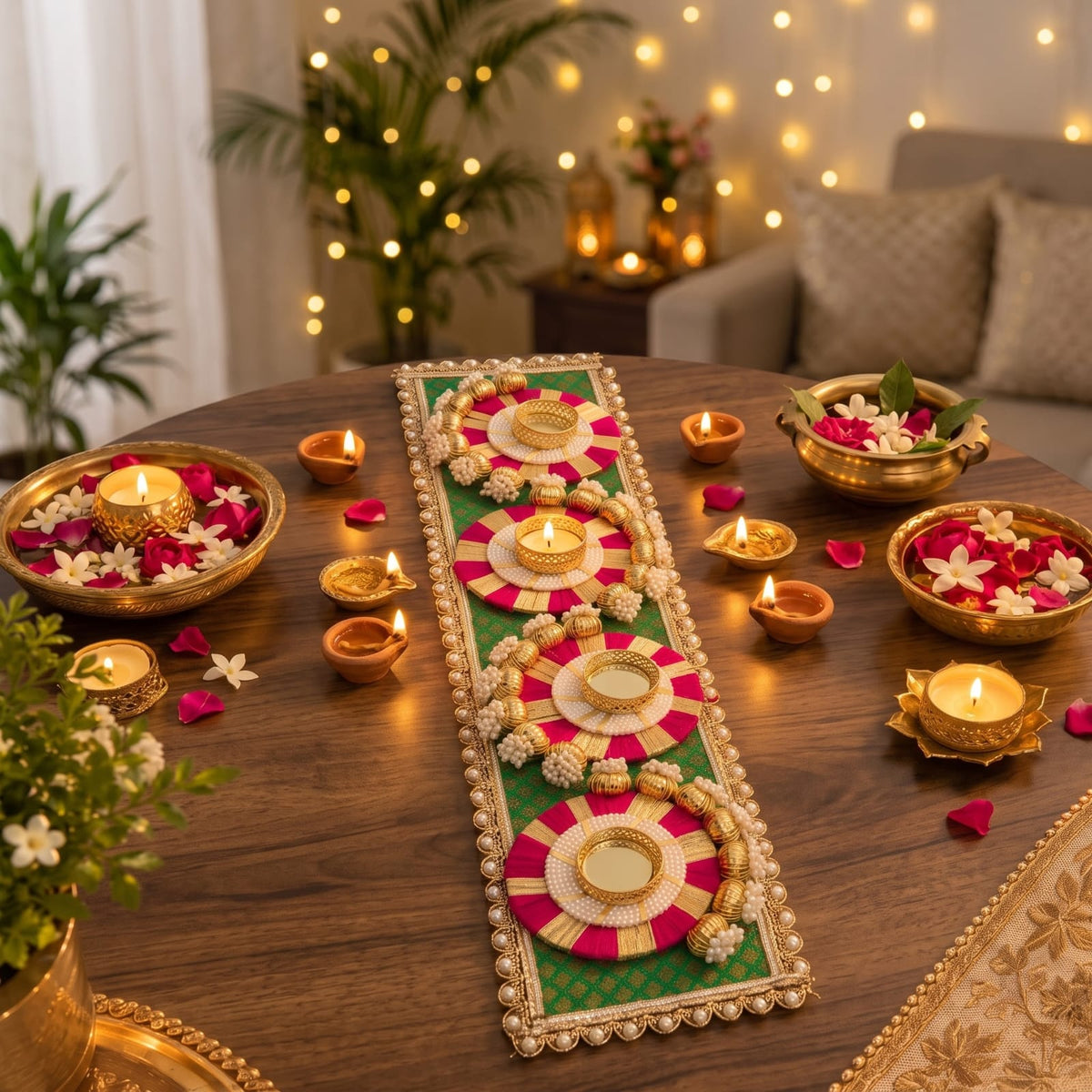 Handcrafted festive T-light/diya table runner