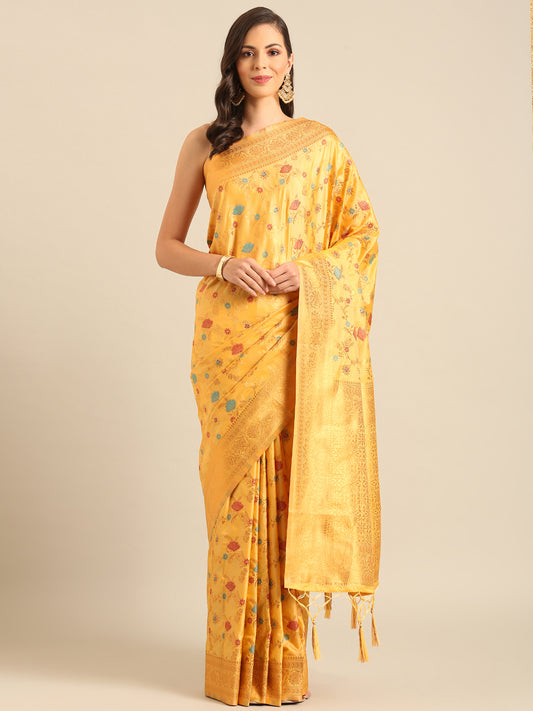 Graceful Yellow Banarasi Silk Saree with Golden Zari Woven Border & Floral Jaal – Wedding & Festive Wear