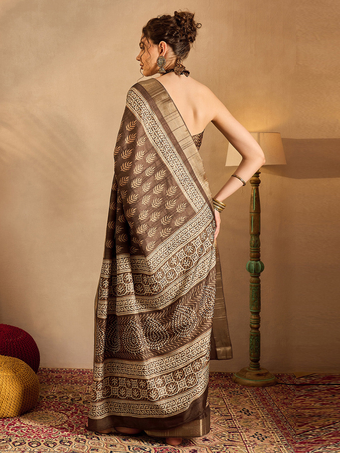 Women's Silk Blend Brown Printed Designer Saree With Blouse Piece