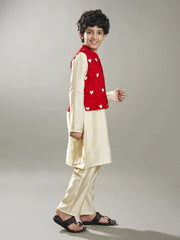 Boys off white kurta pajama with a red embroidery jacket