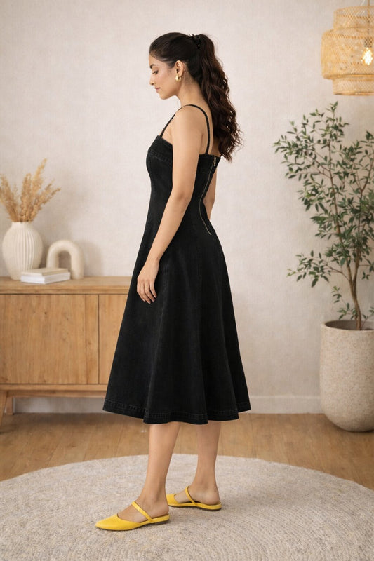 StyleStone Women's Black Denim Dress with Shoulder straps