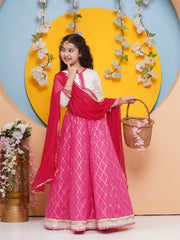 Girls Off white Choli, Pink Foil Printed Lace work Lehenga with Dupatta
