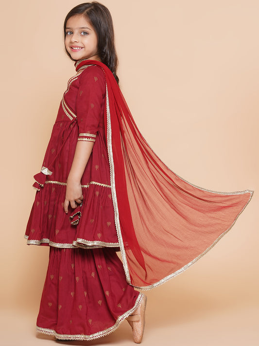 Girls Maroon Ethnic Motifs Printed Angrakha Gotta Patti Kurta With Sharara & Dupatta
