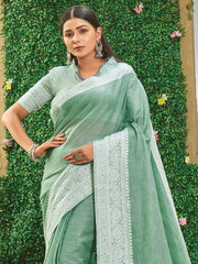 Linen Cotton Saree with Intricate Woven Border & Contrast Pallu | Soft Lightweight Traditional Drape | Tassel Edge | Unstitched Blouse Piece