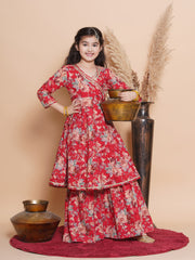 Girls Red Floral Printed Angrakha Kurta with Sharara