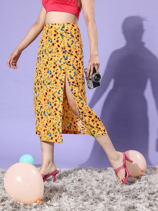 Women's Floral Slit Midi Skirt- Yellow