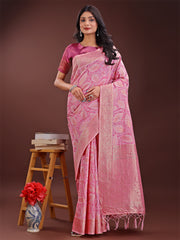 Peach Pink Linen Cotton Saree with Golden Zari Leaf Design & Elegant Pallu – Festive | Office | Daily Wear