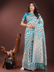 Elegant Pink & Cream Linen Saree with Geometric Design and Zari Border – Festive & Party Wear