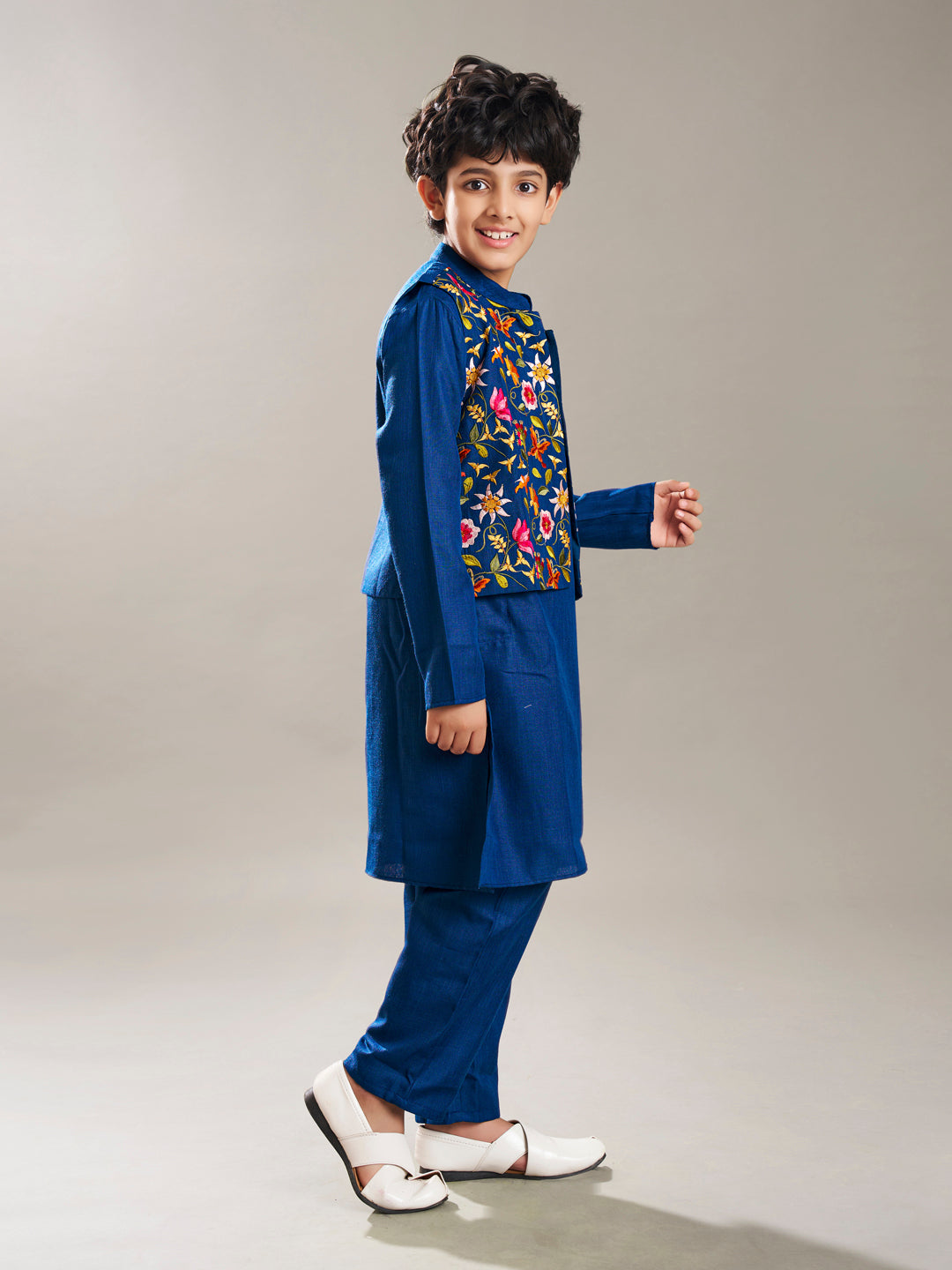 Boys blue kurta pajama with a blue embroidry jacket