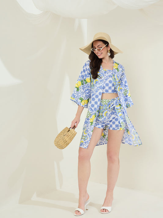 Women's  Blue Printed 3 piece Rayon Co-Ord Set