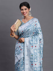 Sky Blue Linen Cotton Saree with Multicolor Elephant & Temple Motifs – Traditional Woven Pallu & Tassels