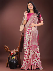 Elegant Pink & Cream Linen Saree with Geometric Design and Zari Border – Festive & Party Wear
