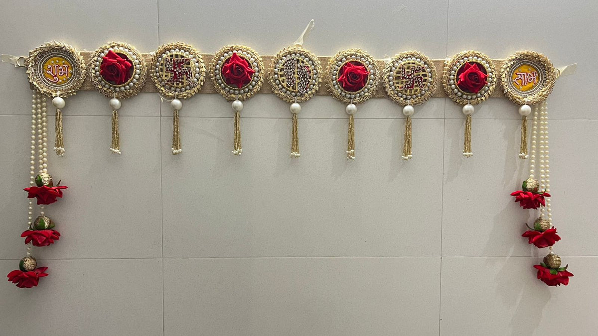 Traditional Handcrafted Toran Door Hanging with Red Roses, Gold Metallic Trim, Pearl Beads, Decorative Wall Decor for Indian Festivals
