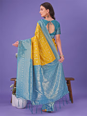Vibrant Yellow & Blue Lichi Silk Saree with Rich Woven Border and Contrast Blouse – Festive & Wedding Wear