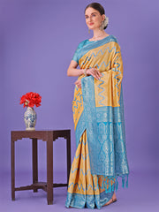 Cream & Green Lichi Silk Saree with Rich Woven Border and Zigzag Pattern – Wedding & Festive Wear