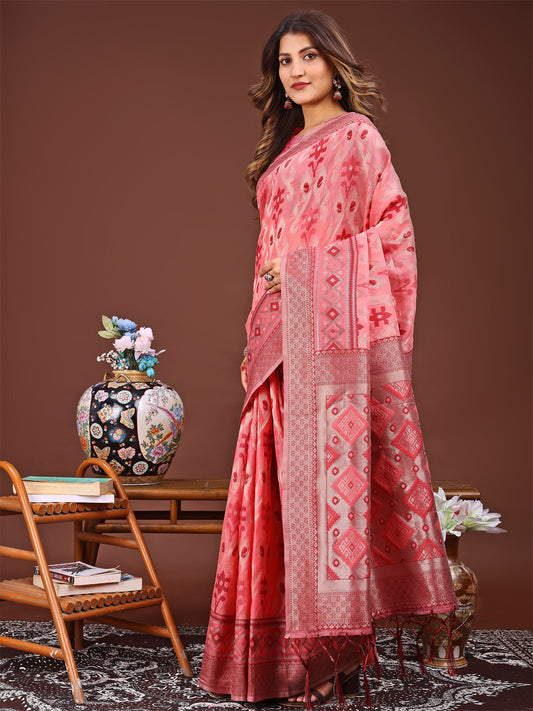 Radiant Peach Linen Cotton Patola Saree – Where Tradition Dances with Elegance