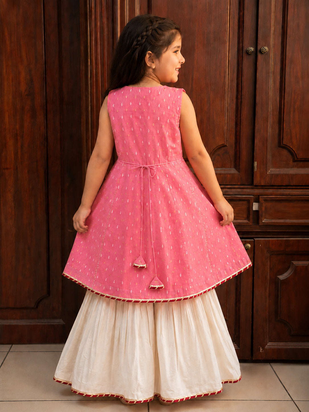 Girls Peach Kurta With White Sharara