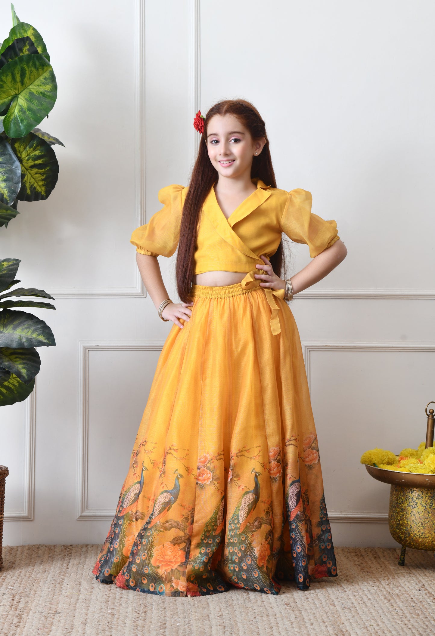 Girls Yellow Peacock Print Lehenga Set with Puff Sleeve Blouse