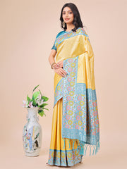Premium Pink & Sky Blue Floral Woven Lichi Silk Saree with Rich Pallu & Tassels – Festive & Party Wear for Women