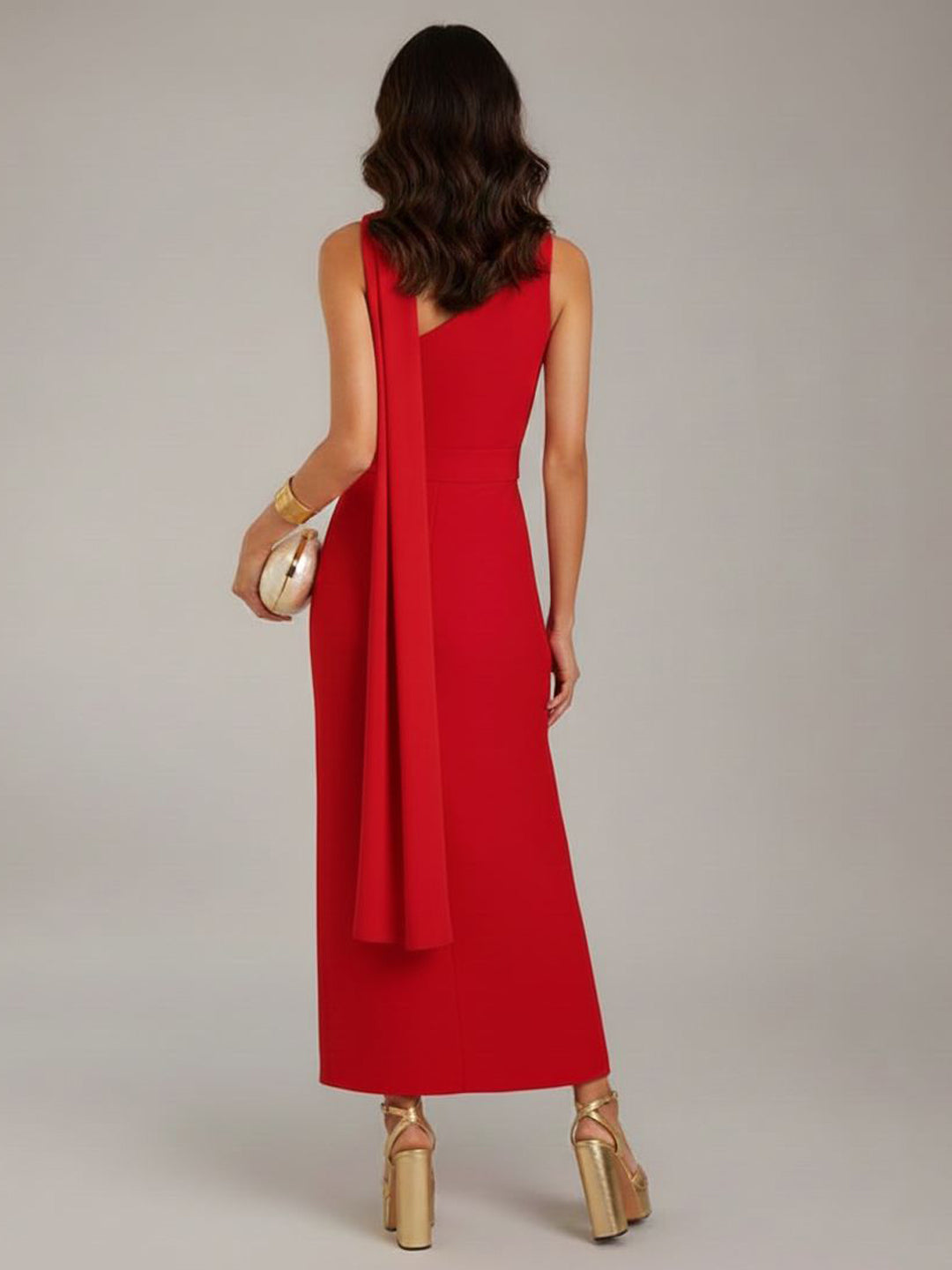 One-Shoulder Red Bodycon Scarf Dress-ADR-19817