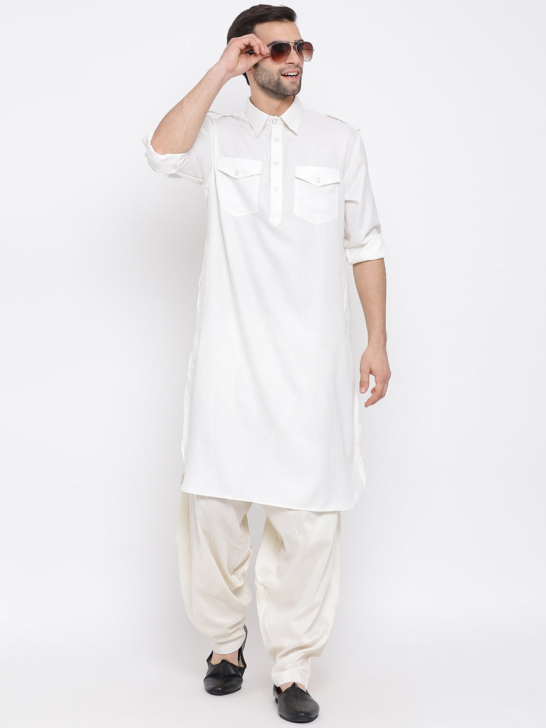 Vastramay - Men's Cream Cotton Blend Pathani Kurta Only