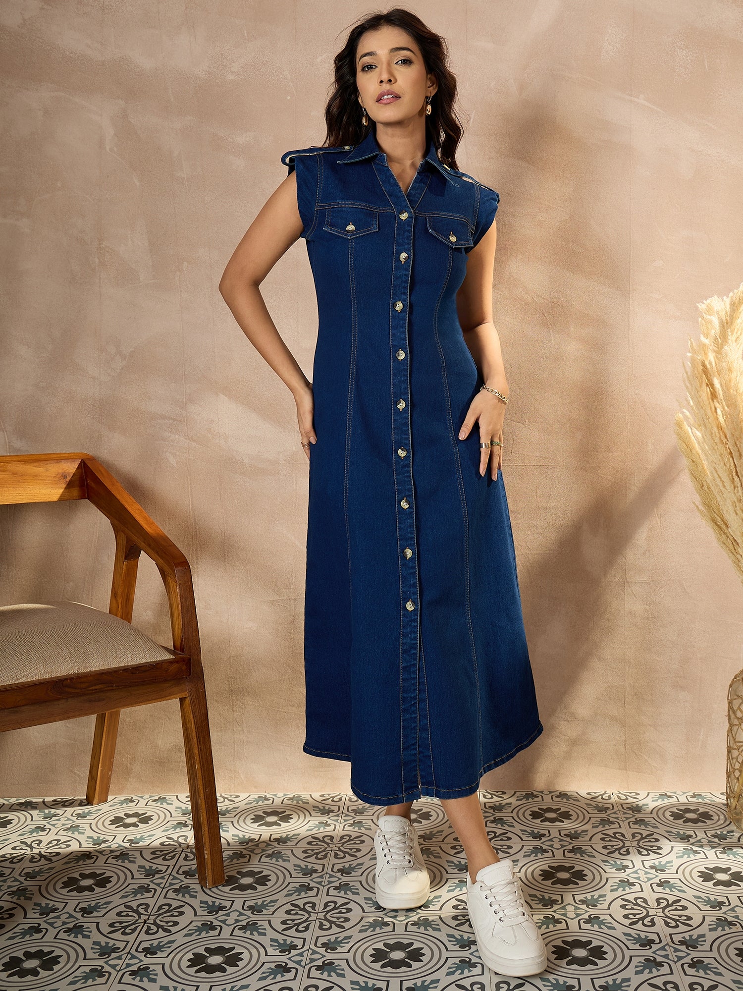 StyleStone Women's Blue Denim Maxi Dress