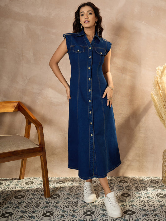 StyleStone Women's Blue Denim Maxi Dress