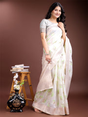 Elegant White & Light Green Leaf Print Cotton Saree for Women with Zari Border & Tassels – Soft & Lightweight Daily Wear Saree