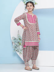 cotton Woven Three-Quarter Sleeves Floral Print A Line Kurta And Salwar With Dupatta Set - Green