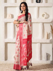 Elegant Woven Linen Cotton Saree for Durga Puja & Diwali | Ethnic Motif Design with Rich Zari Border | Soft, Breathable, Festive-Ready Traditional Drape