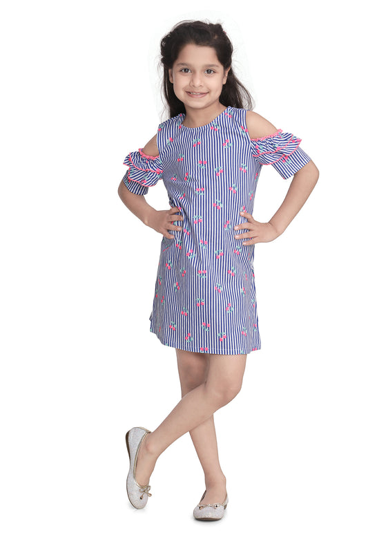 Cotton Blue Stripe and Cherry Print Cold Shoulder Dress with Ruffle Sleeve