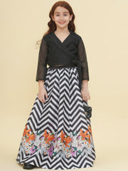 Girls Indo-Western Black & White Zig Zag Flower Digital Printed Top & Ready to wear Lehenga