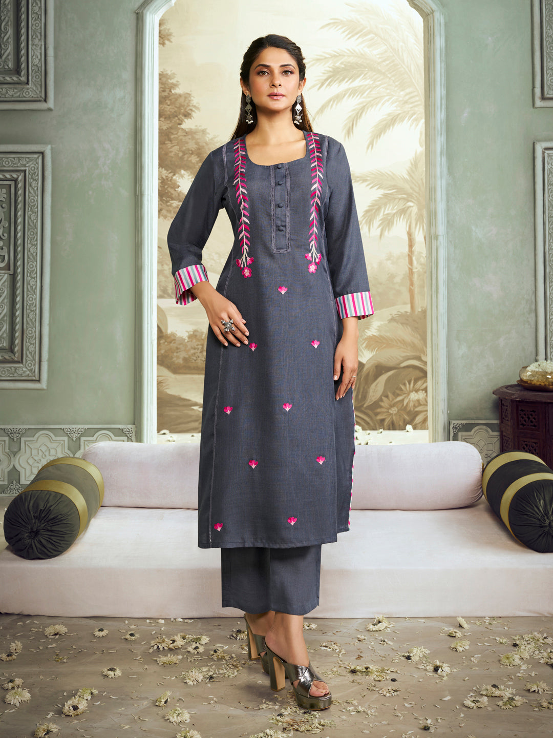 Grey Embroidered Straight Kurta Set.