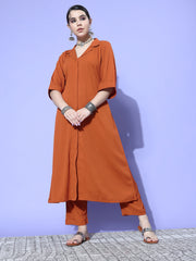 Kalini Women Rust Shirt Collar Neck A-Line Kurta Paired With Tonal Bottom