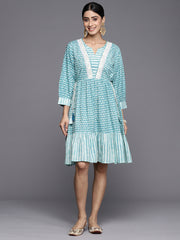 Varanga Women Turquoise Blue Short Gather Dress.