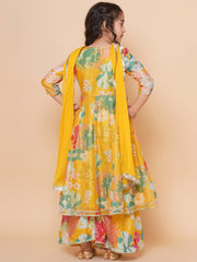 Silk blend Woven Three-Quarter Sleeves Floral Print Flared Kurta And Sharara With Dupatta Set - Yellow