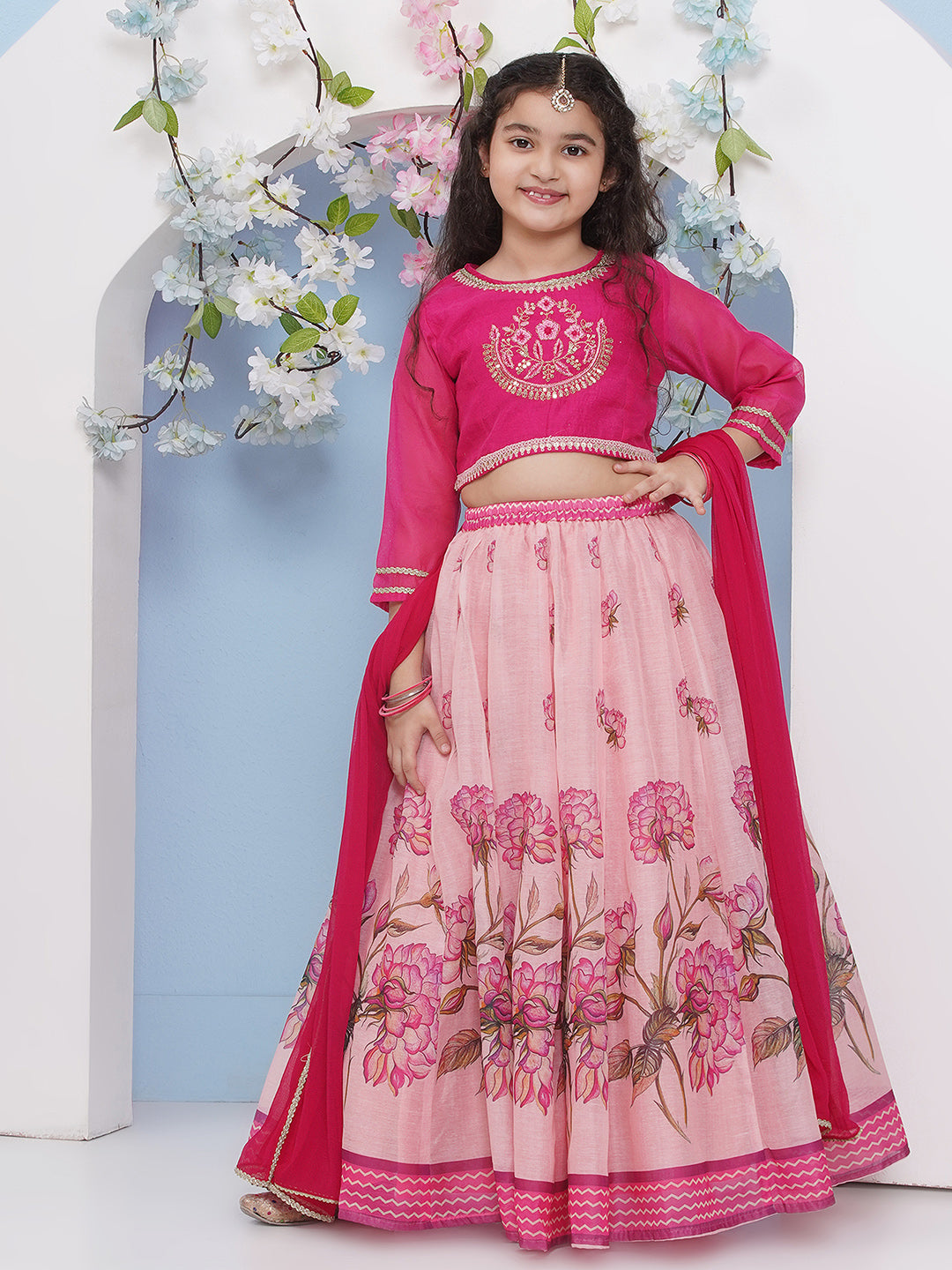 Girls Fuchsia Pink Flower Printed with Embroidered Choli, Lehenga with Dupatta